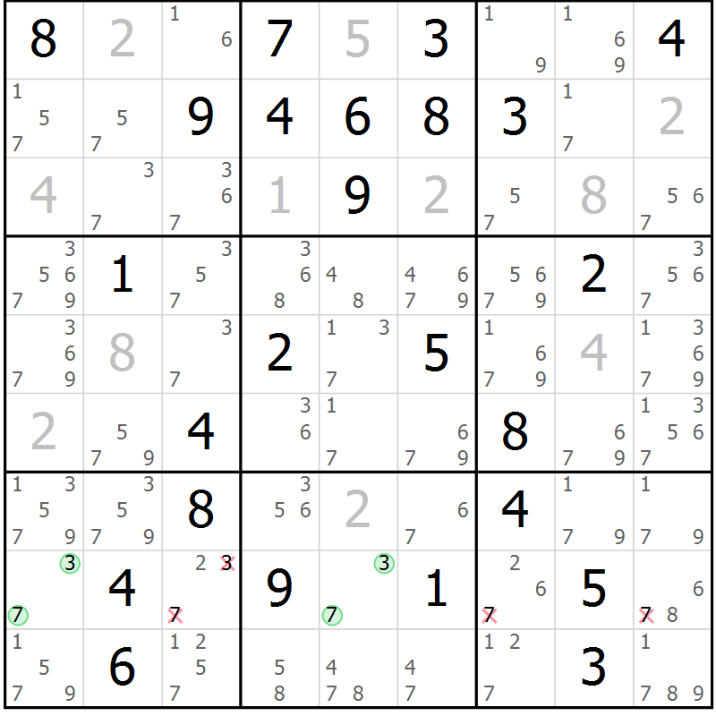 Position des candidats pour la solution de la Gr 33 page 36 du magazine de sudoku Sudoku Suprême n° 037