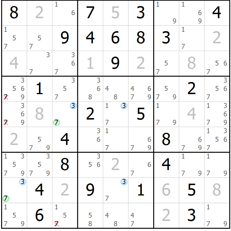 Position des candidats pour la solution de la Gr 33 page 36 du magazine de sudoku Sudoku Suprême n° 037