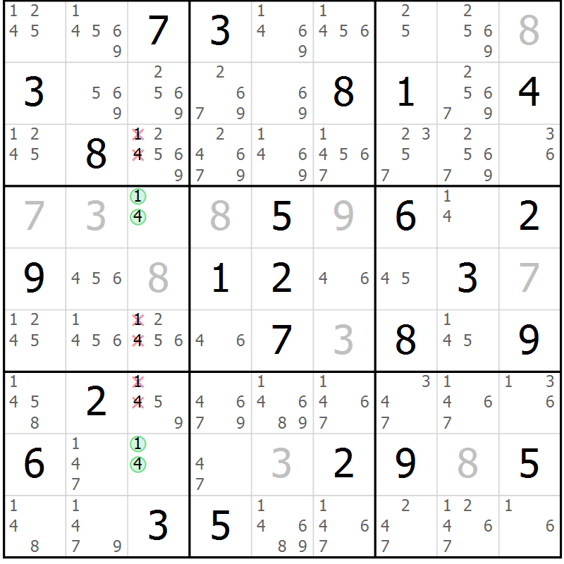 Position des candidats pour la solution de la Gr 34 page 37 du magazine de sudoku Sudoku Suprême n° 037