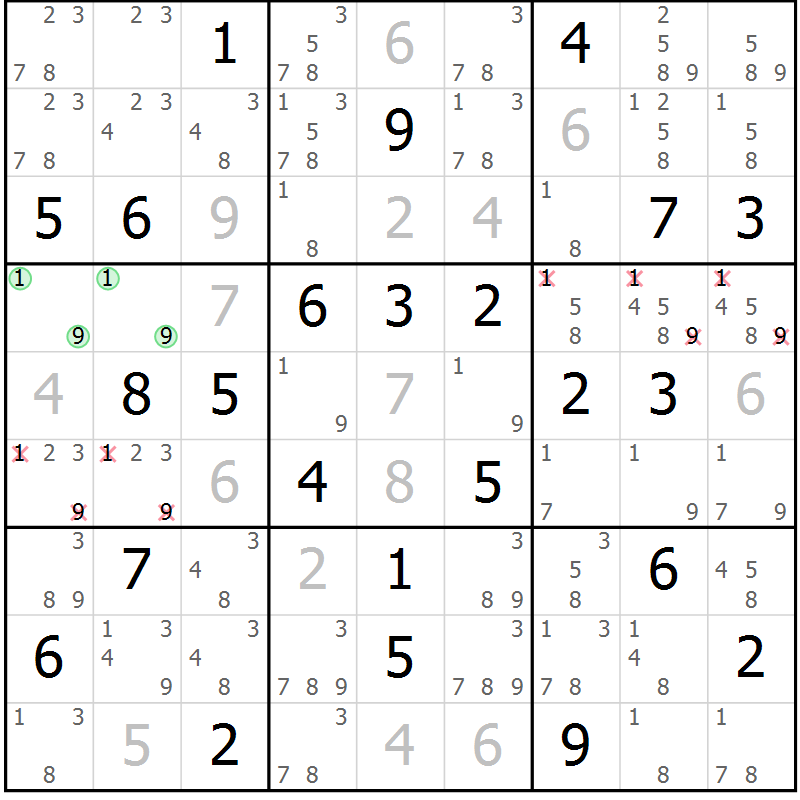 Position des candidats pour la solution de la Gr 36 page 39 du magazine de sudoku Sudoku Suprême n° 037