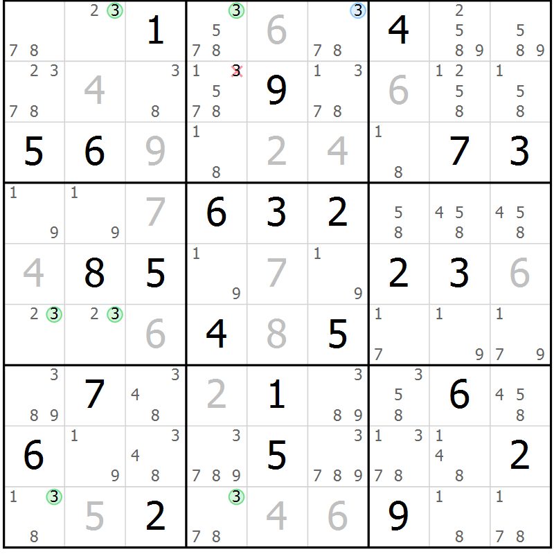 Position des candidats pour la solution de la Gr 36 page 39 du magazine de sudoku Sudoku Suprême n° 037