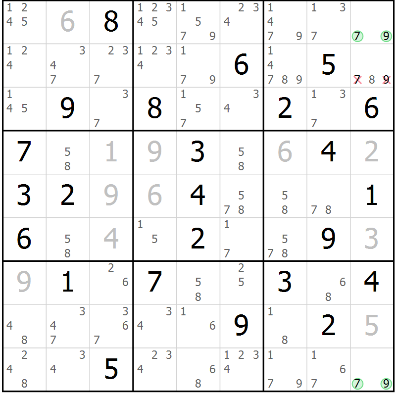 Position des candidats pour la solution de la Gr 39 page 42 du magazine de sudoku Sudoku Suprême n° 037