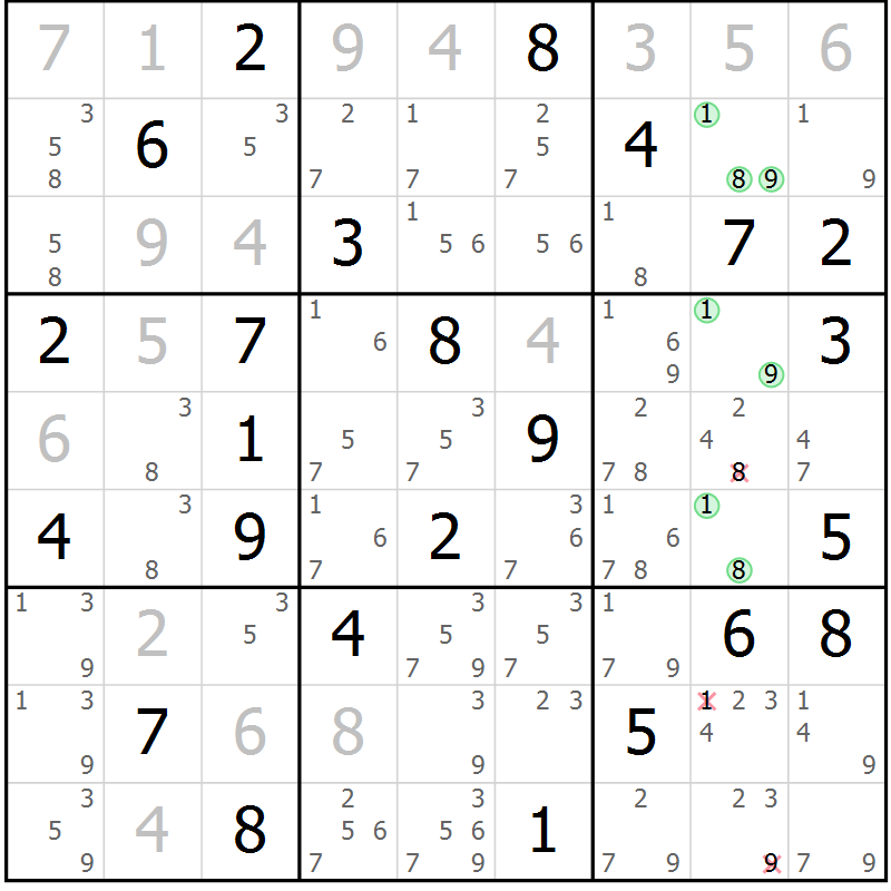 Position des candidats pour la solution de la Gr 42 page 45 du magazine de sudoku Sudoku Suprême n° 037