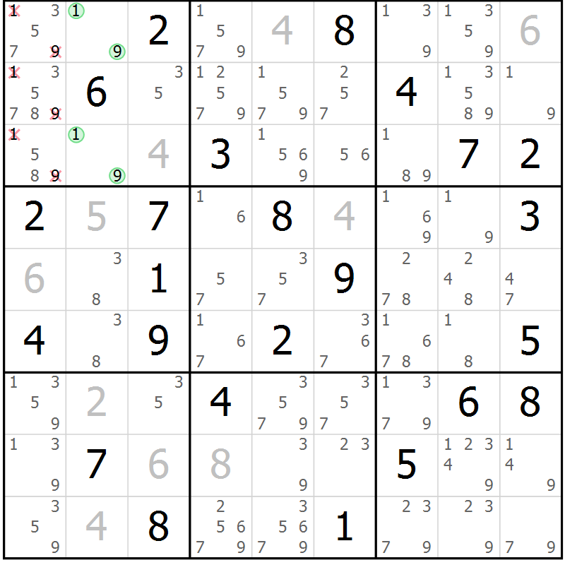 Position des candidats pour la solution de la Gr 42 page 45 du magazine de sudoku Sudoku Suprême n° 037