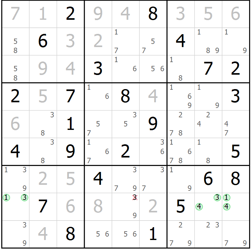 Position des candidats pour la solution de la Gr 42 page 45 du magazine de sudoku Sudoku Suprême n° 037