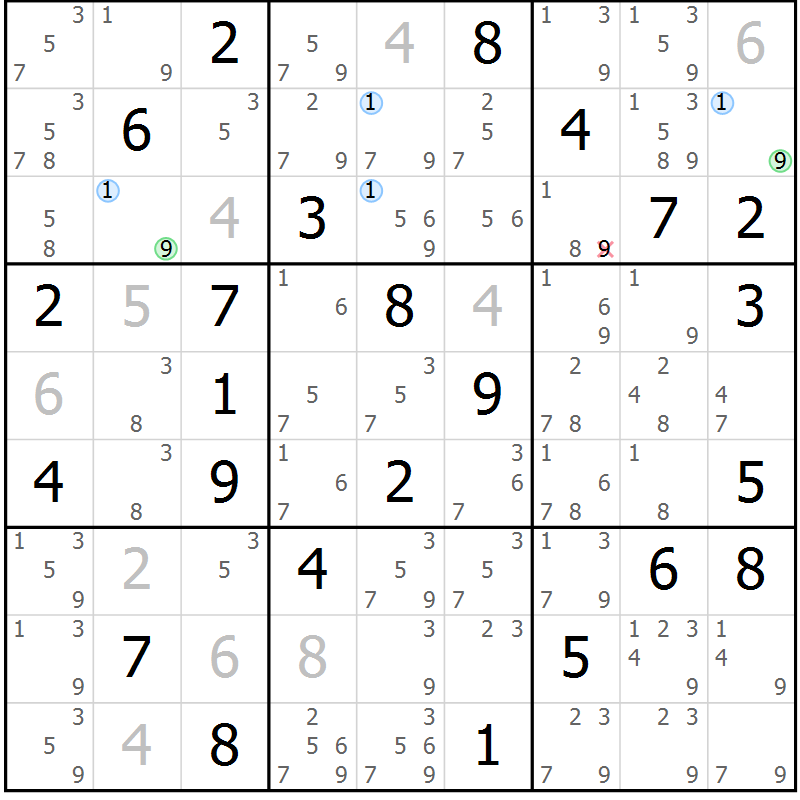 Position des candidats pour la solution de la Gr 42 page 45 du magazine de sudoku Sudoku Suprême n° 037