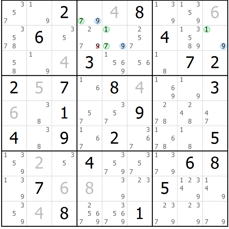 Position des candidats pour la solution de la Gr 42 page 45 du magazine de sudoku Sudoku Suprême n° 037