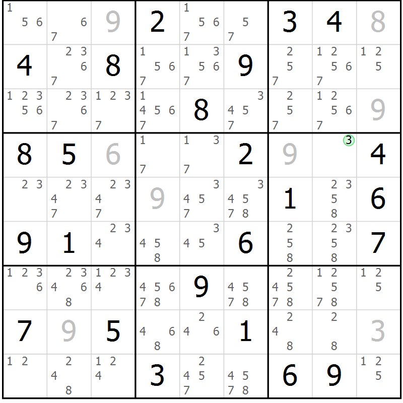 Position des candidats pour la solution de la Gr 43 page 46 du magazine de sudoku Sudoku Suprême n° 037