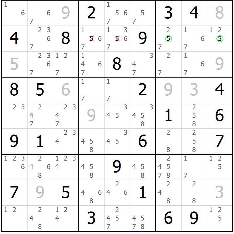 Position des candidats pour la solution de la Gr 43 page 46 du magazine de sudoku Sudoku Suprême n° 037