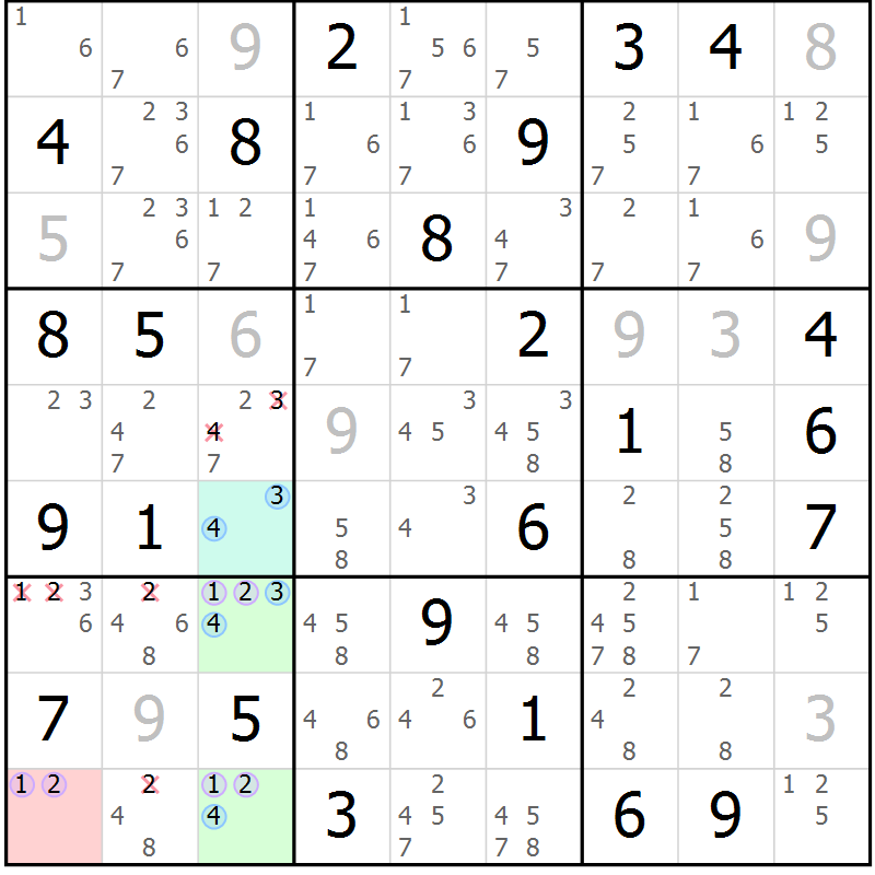 Position des candidats pour la solution de la Gr 43 page 46 du magazine de sudoku Sudoku Suprême n° 037