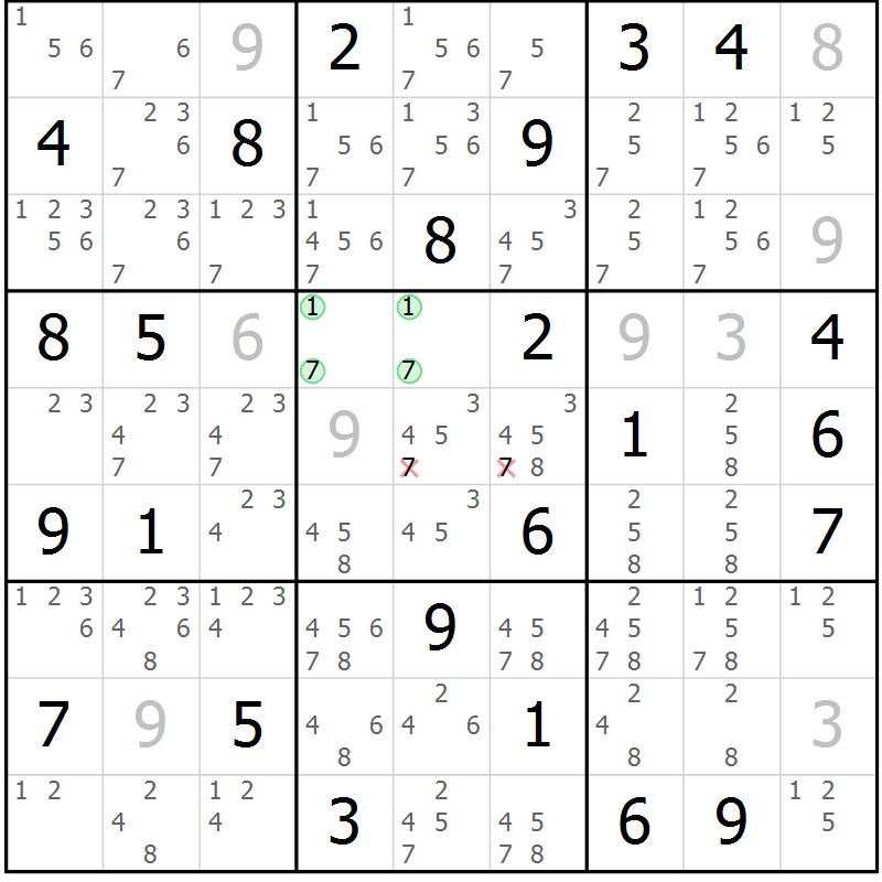 Position des candidats pour la solution de la Gr 43 page 46 du magazine de sudoku Sudoku Suprême n° 037