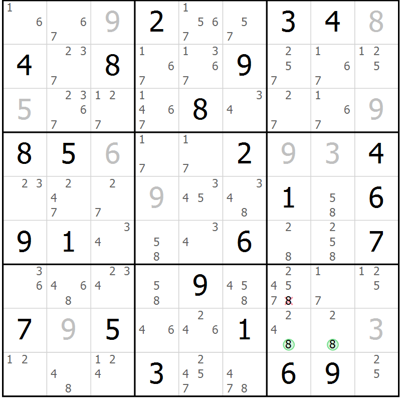 Position des candidats pour la solution de la Gr 43 page 46 du magazine de sudoku Sudoku Suprême n° 037