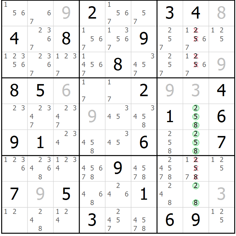 Position des candidats pour la solution de la Gr 43 page 46 du magazine de sudoku Sudoku Suprême n° 037