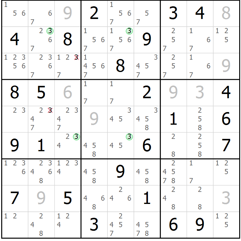 Position des candidats pour la solution de la Gr 43 page 46 du magazine de sudoku Sudoku Suprême n° 037