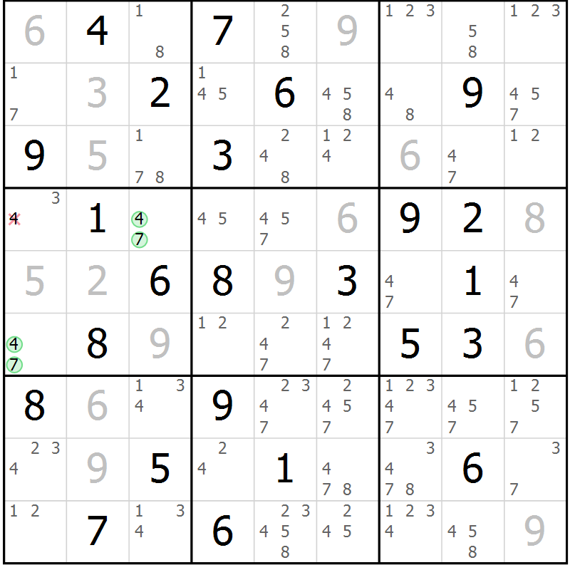 Position des candidats pour la solution de la Gr 44 page 47 du magazine de sudoku Sudoku Suprême n° 037