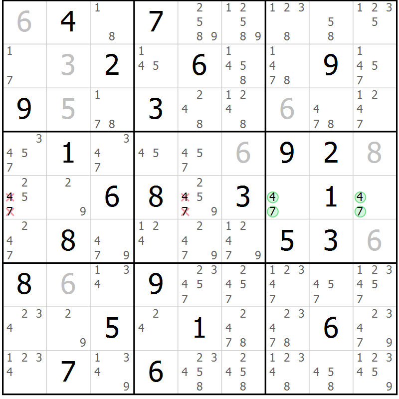Position des candidats pour la solution de la Gr 44 page 47 du magazine de sudoku Sudoku Suprême n° 037