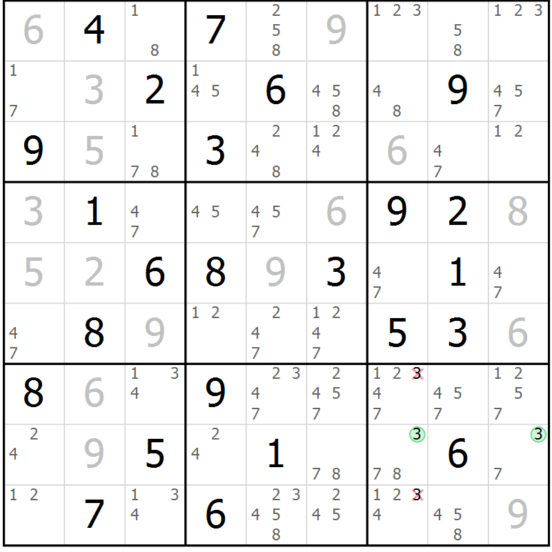 Position des candidats pour la solution de la Gr 44 page 47 du magazine de sudoku Sudoku Suprême n° 037