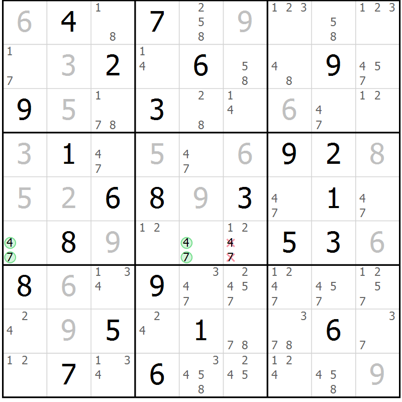 Position des candidats pour la solution de la Gr 44 page 47 du magazine de sudoku Sudoku Suprême n° 037