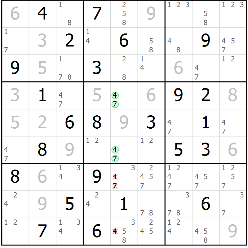Position des candidats pour la solution de la Gr 44 page 47 du magazine de sudoku Sudoku Suprême n° 037
