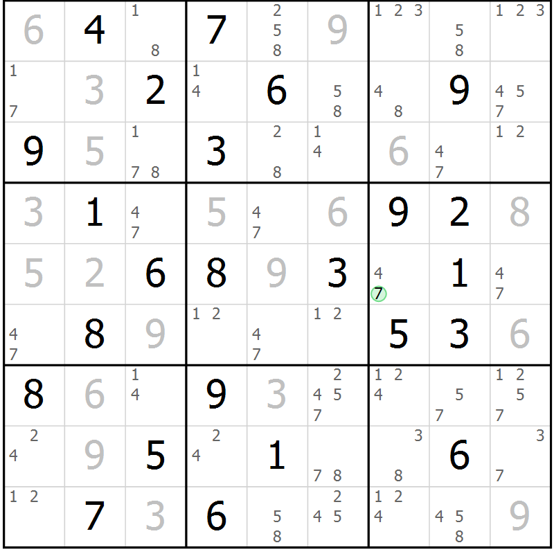 Position des candidats pour la solution de la Gr 44 page 47 du magazine de sudoku Sudoku Suprême n° 037