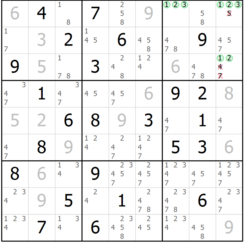 Position des candidats pour la solution de la Gr 44 page 47 du magazine de sudoku Sudoku Suprême n° 037