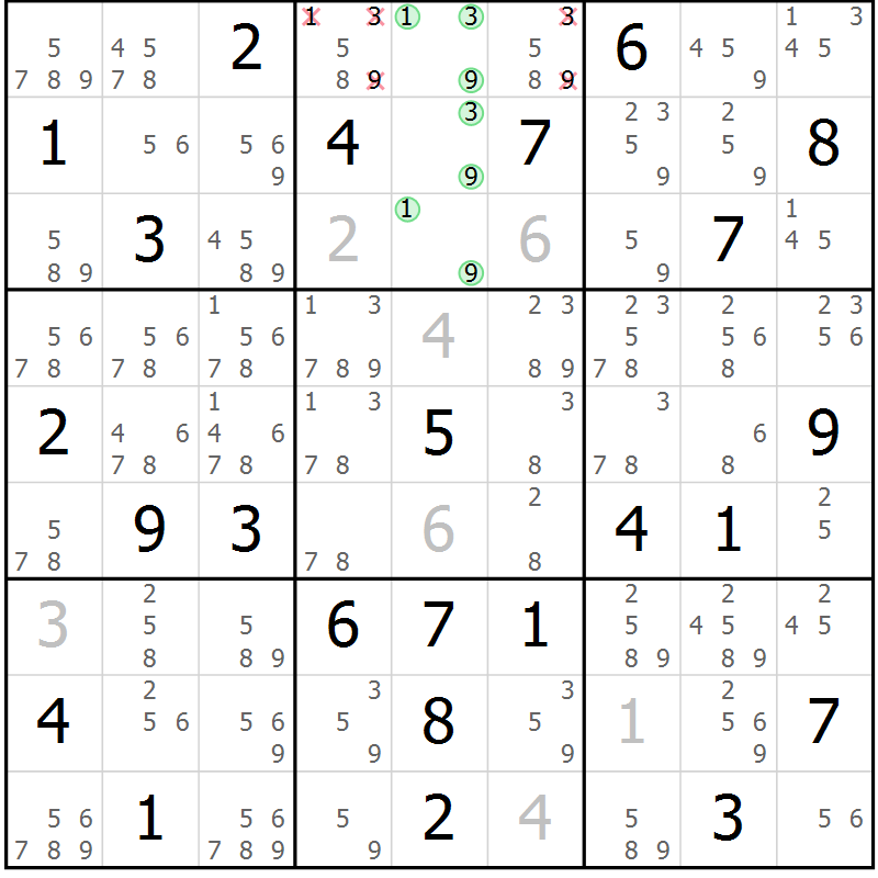 Position des candidats pour la solution de la Gr 46 page 49 du magazine de sudoku Sudoku Suprême n° 037