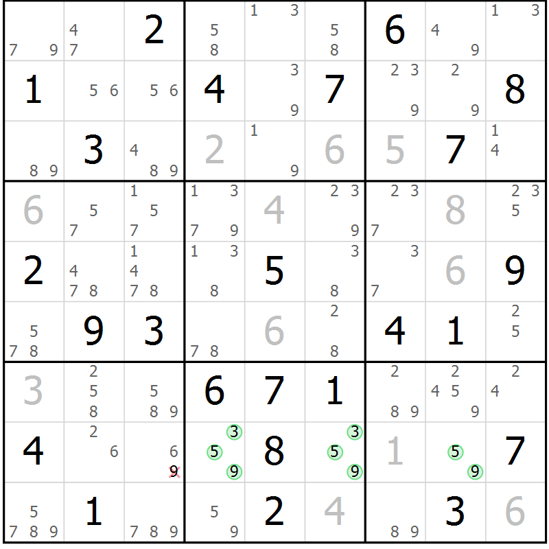 Position des candidats pour la solution de la Gr 46 page 49 du magazine de sudoku Sudoku Suprême n° 037