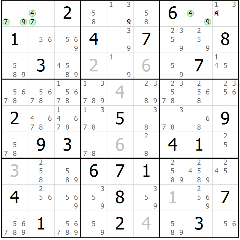 Position des candidats pour la solution de la Gr 46 page 49 du magazine de sudoku Sudoku Suprême n° 037