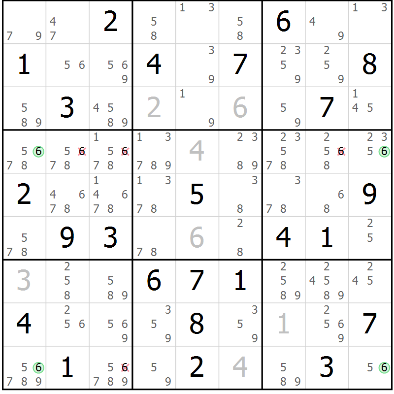 Position des candidats pour la solution de la Gr 46 page 49 du magazine de sudoku Sudoku Suprême n° 037