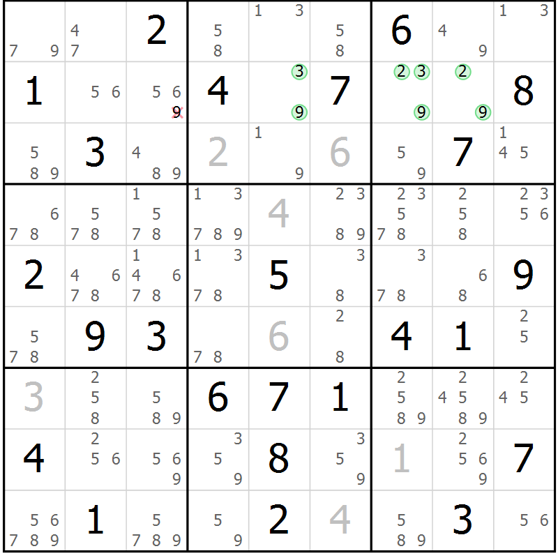 Position des candidats pour la solution de la Gr 46 page 49 du magazine de sudoku Sudoku Suprême n° 037