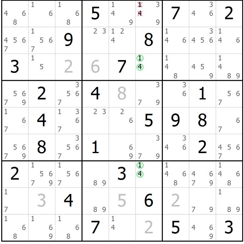 Position des candidats pour la solution de la Gr 49 page 52 du magazine de sudoku Sudoku Suprême n° 037