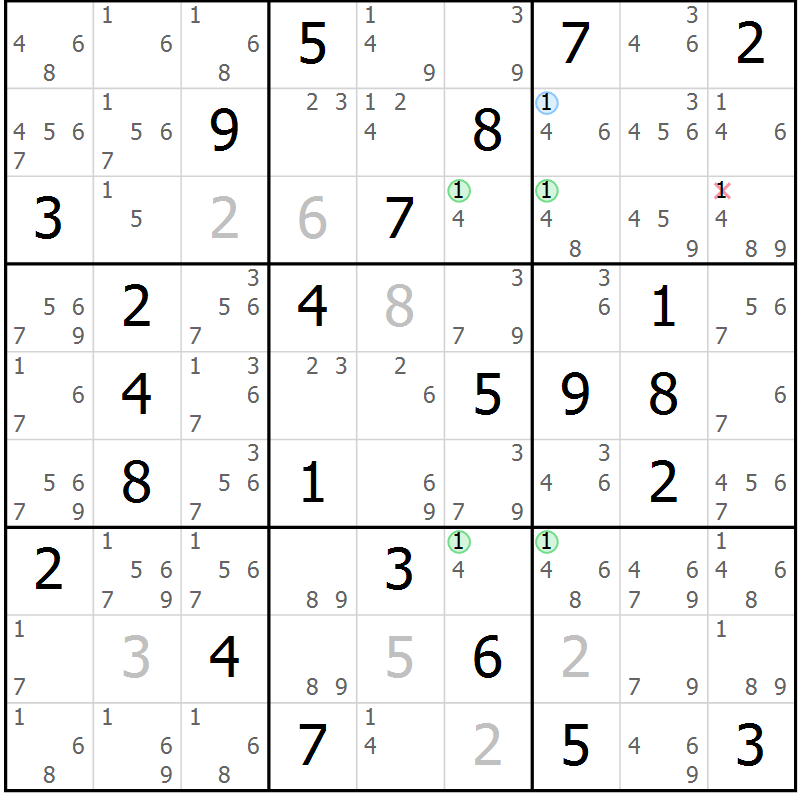 Position des candidats pour la solution de la Gr 49 page 52 du magazine de sudoku Sudoku Suprême n° 037