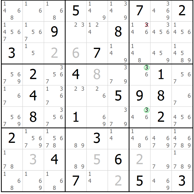 Position des candidats pour la solution de la Gr 49 page 52 du magazine de sudoku Sudoku Suprême n° 037