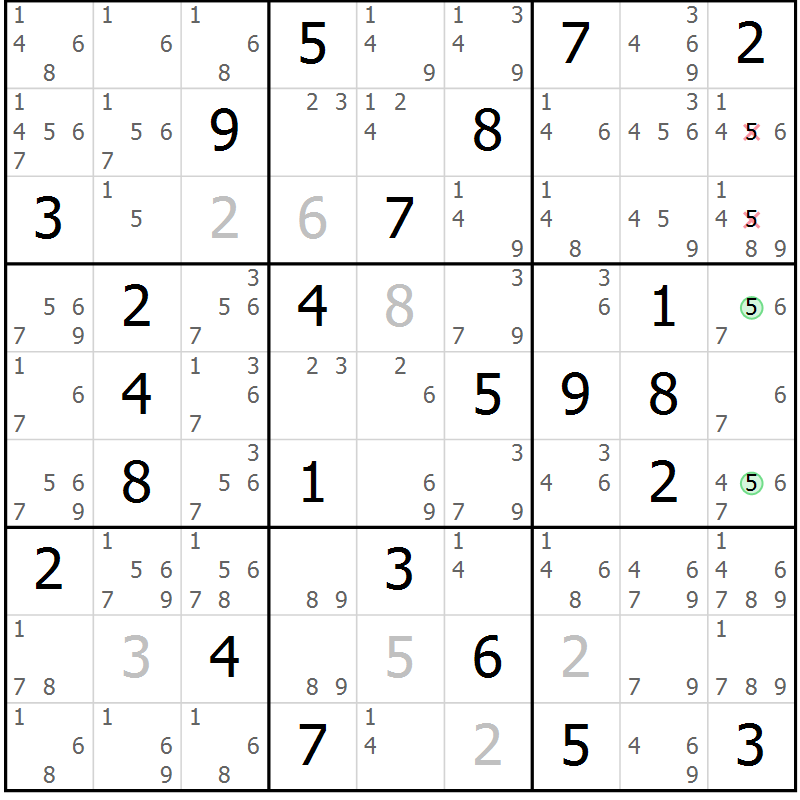 Position des candidats pour la solution de la Gr 49 page 52 du magazine de sudoku Sudoku Suprême n° 037