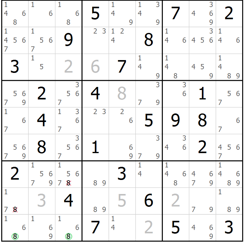 Position des candidats pour la solution de la Gr 49 page 52 du magazine de sudoku Sudoku Suprême n° 037