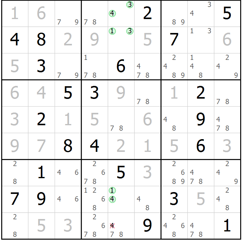 Position des candidats pour la solution de la Gr 5 page 8 du magazine de sudoku Sudoku Suprême n° 037