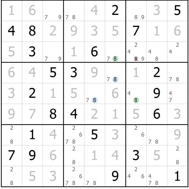 Position des candidats pour la solution de la Gr 5 page 8 du magazine de sudoku Sudoku Suprême n° 037