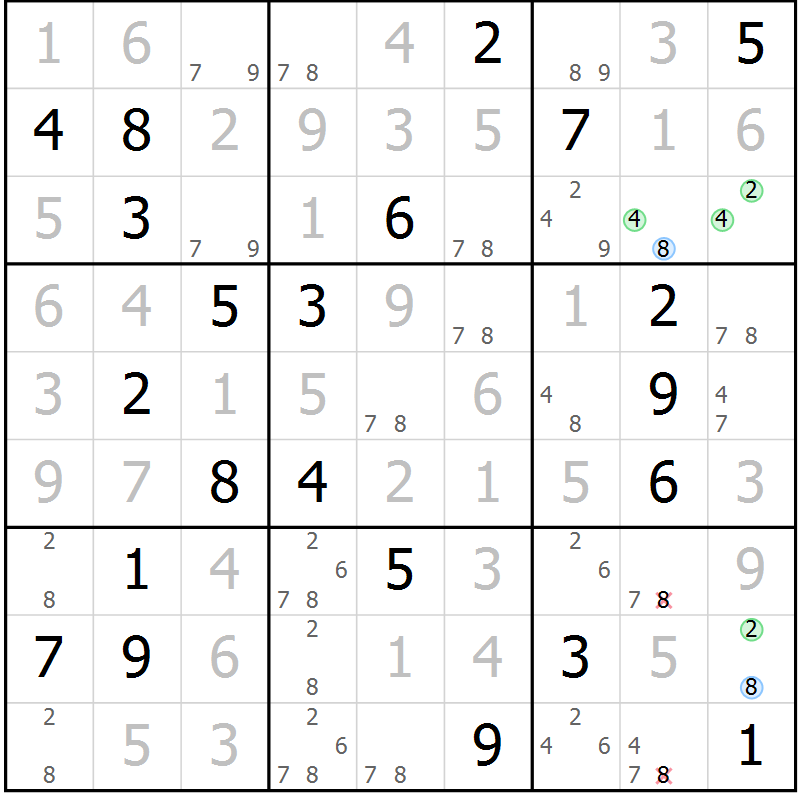 Position des candidats pour la solution de la Gr 5 page 8 du magazine de sudoku Sudoku Suprême n° 037