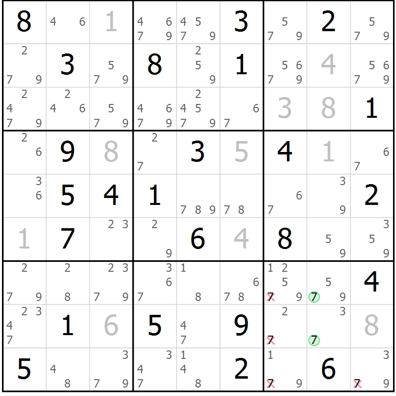 Position des candidats pour la solution de la Gr 50 page 53 du magazine de sudoku Sudoku Suprême n° 037