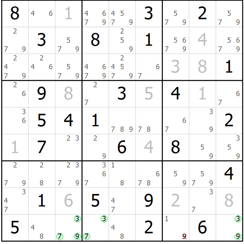 Position des candidats pour la solution de la Gr 50 page 53 du magazine de sudoku Sudoku Suprême n° 037