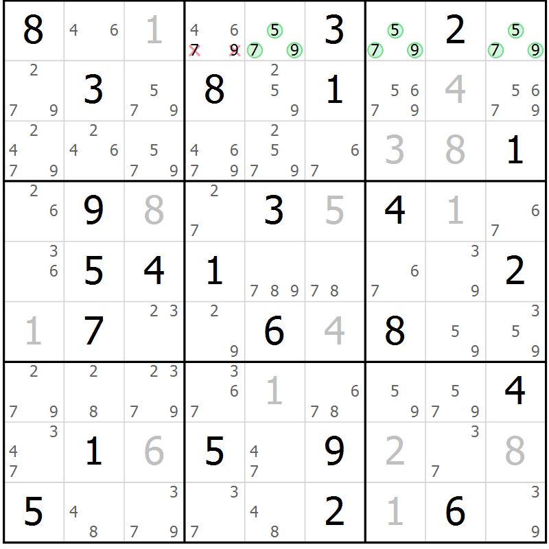 Position des candidats pour la solution de la Gr 50 page 53 du magazine de sudoku Sudoku Suprême n° 037