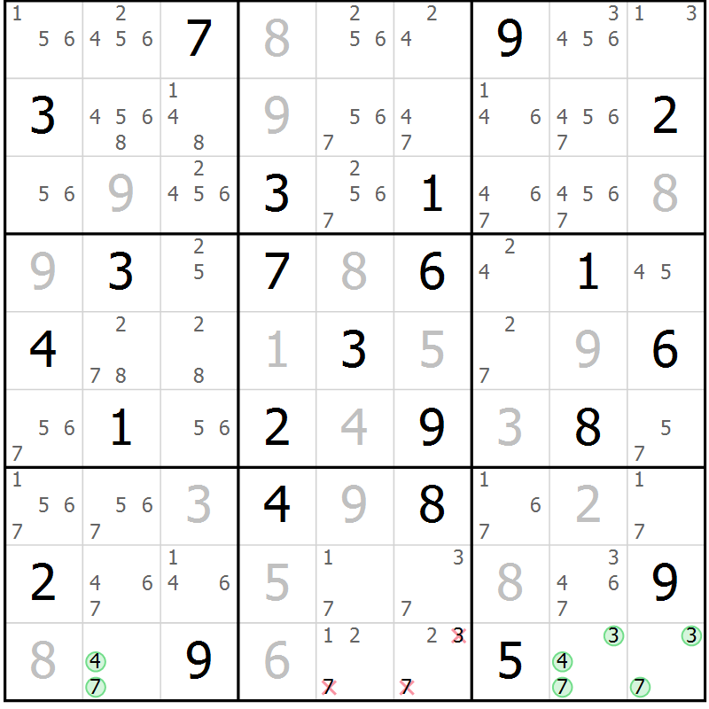 Position des candidats pour la solution de la Gr 51 page 54 du magazine de sudoku Sudoku Suprême n° 037