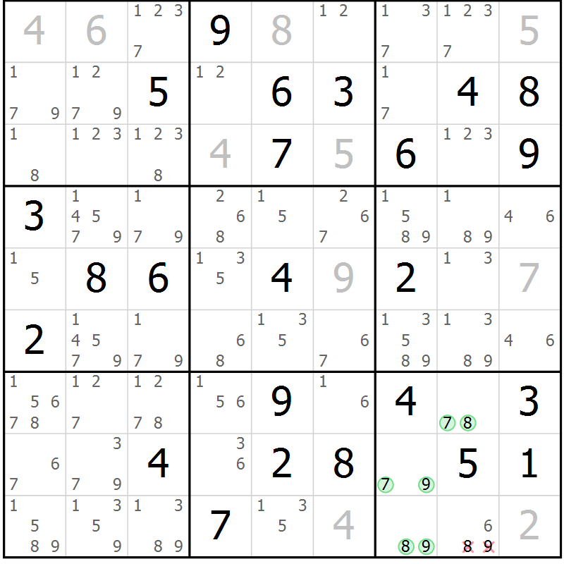 Position des candidats pour la solution de la Gr 52 page 55 du magazine de sudoku Sudoku Suprême n° 037