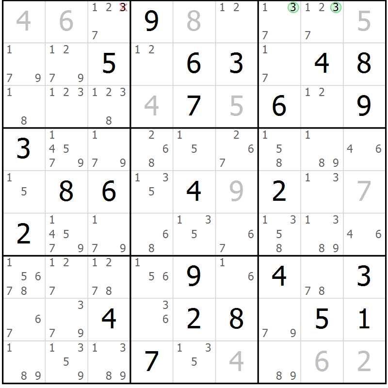 Position des candidats pour la solution de la Gr 52 page 55 du magazine de sudoku Sudoku Suprême n° 037