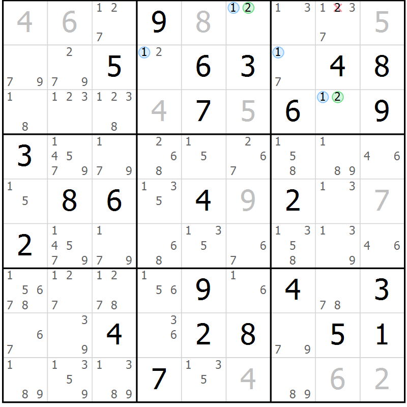 Position des candidats pour la solution de la Gr 52 page 55 du magazine de sudoku Sudoku Suprême n° 037