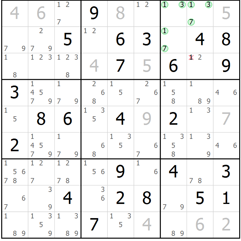 Position des candidats pour la solution de la Gr 52 page 55 du magazine de sudoku Sudoku Suprême n° 037