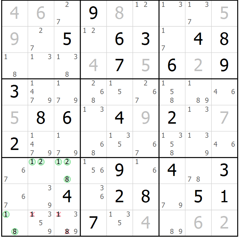 Position des candidats pour la solution de la Gr 52 page 55 du magazine de sudoku Sudoku Suprême n° 037