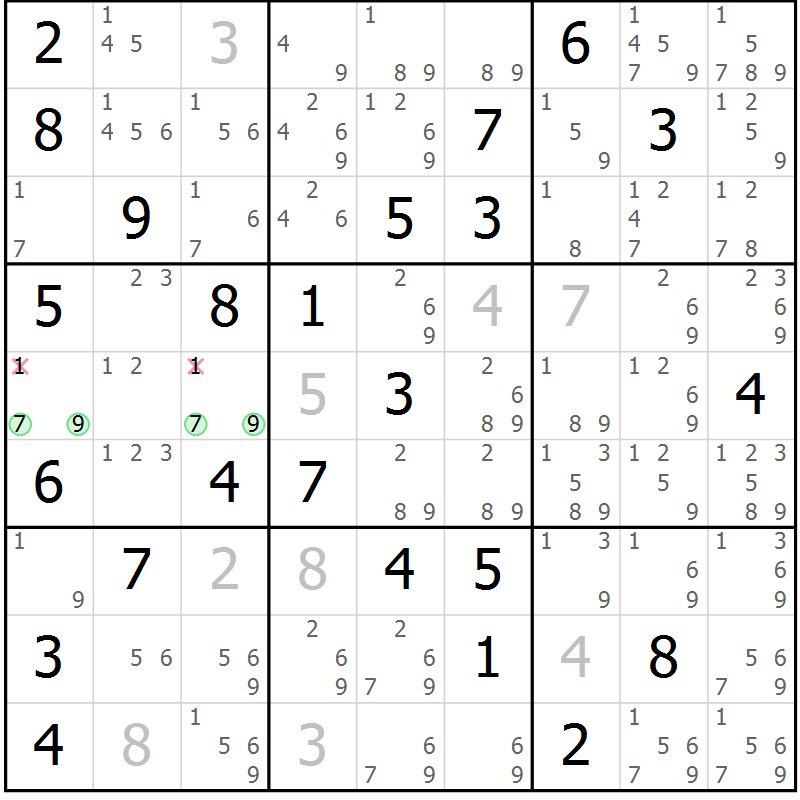 Position des candidats pour la solution de la Gr 53 page 56 du magazine de sudoku Sudoku Suprême n° 037