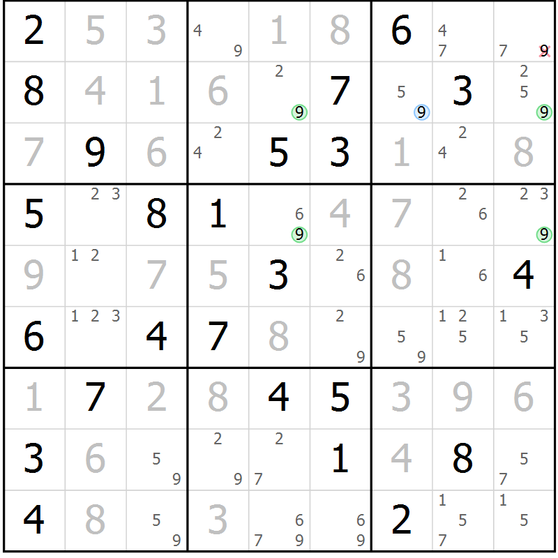 Position des candidats pour la solution de la Gr 53 page 56 du magazine de sudoku Sudoku Suprême n° 037