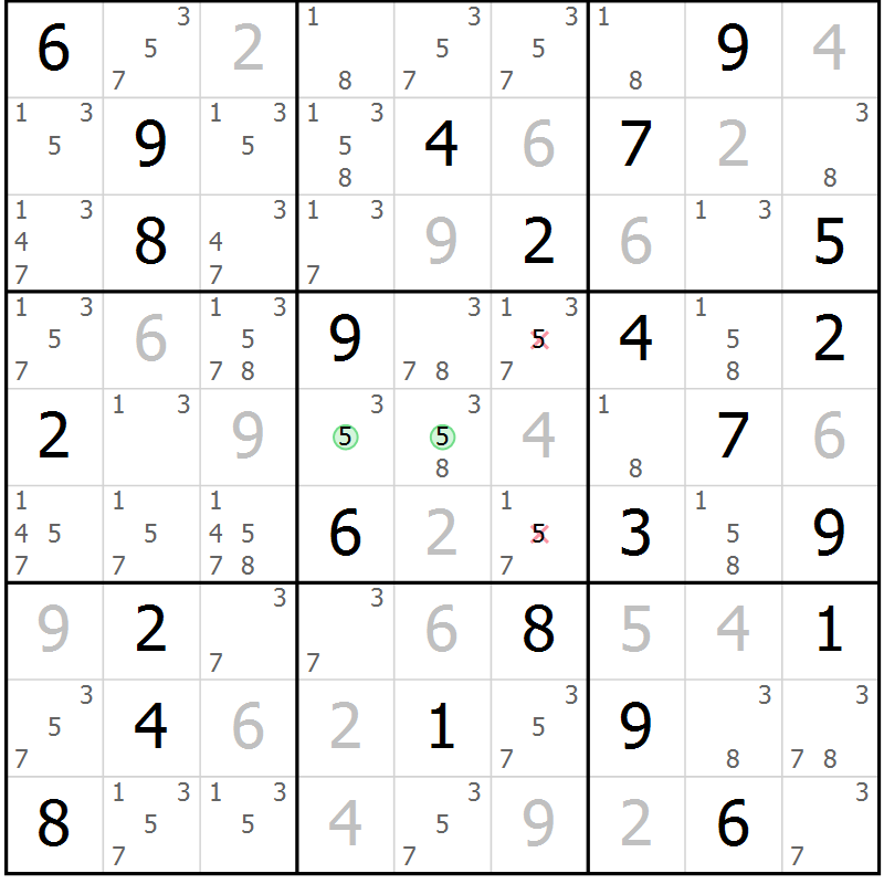 Position des candidats pour la solution de la Gr 54 page 57 du magazine de sudoku Sudoku Suprême n° 037